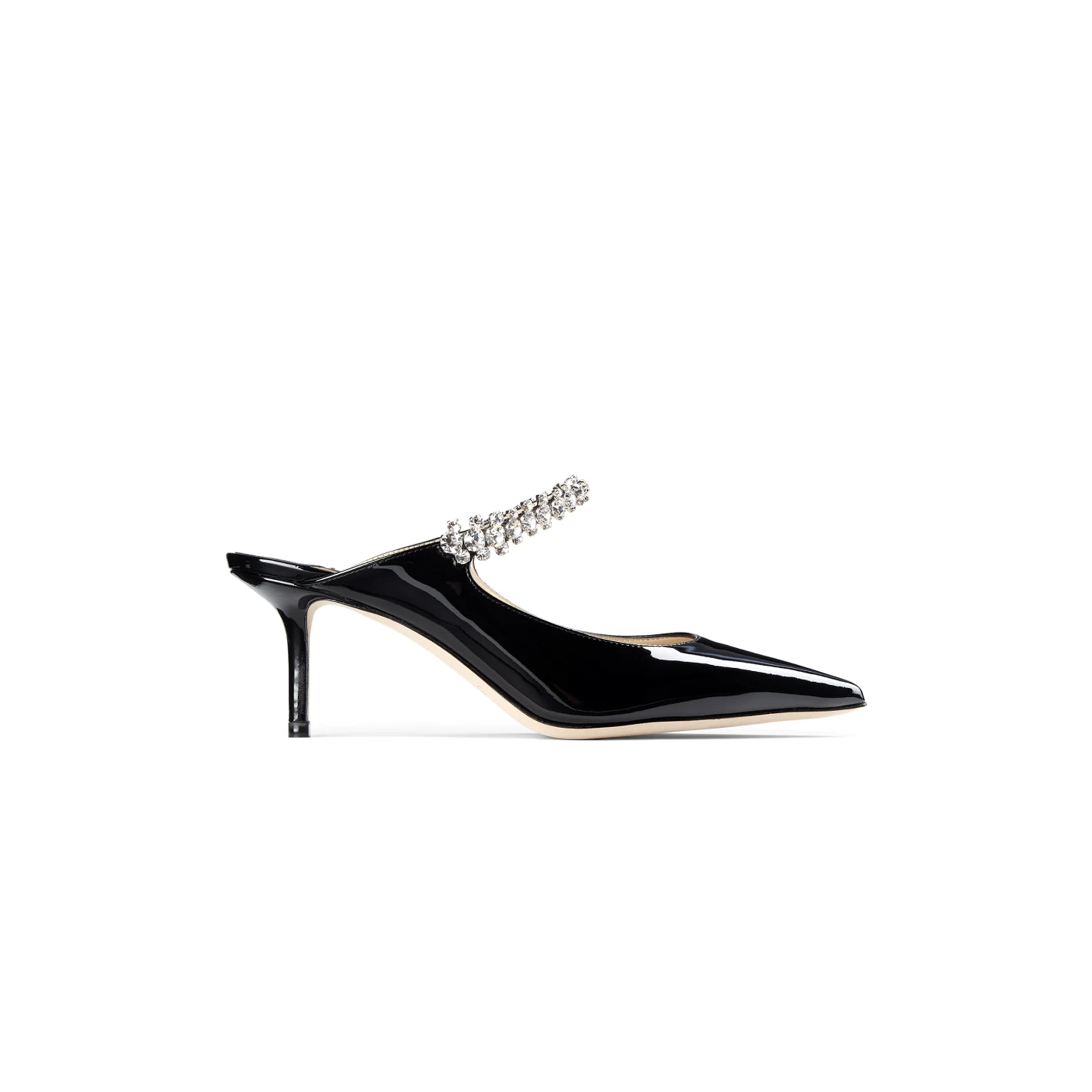 JIMMY CHOO BING 65 BLACK PATENT LEATHER MULES WITH CRYSTAL STRAP BING65PAT JIMMY CHOO BING 65 BLACK PATENT LEATHER MULES WITH CRYSTAL STRAP BING65PAT